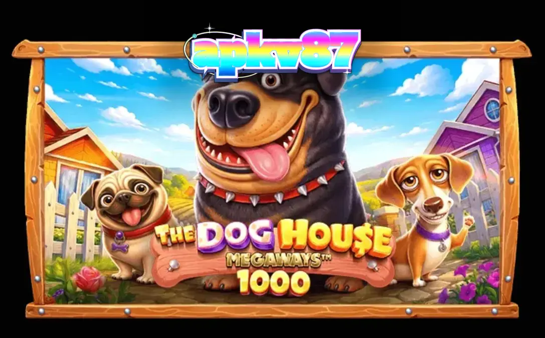 Tampilan visual slot The Dog House Megaways 1000 dengan tema anjing dan pedesaan